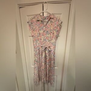 LOFT Pink and Blue Buttoned Tie Front Midi Sundress